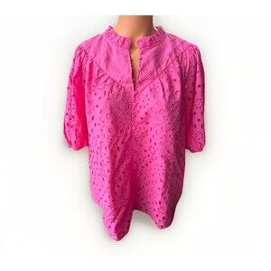 Pretty Garden Pink Eyelet Puff Sleeve Blouse Size XL